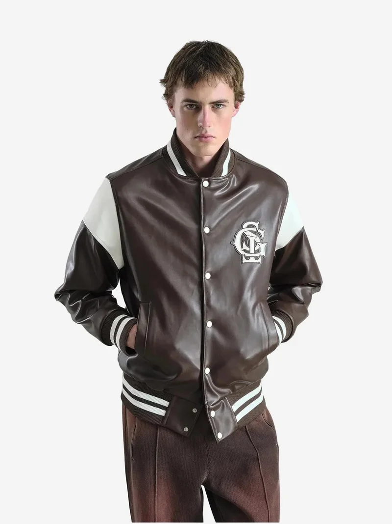 Giesto Mocha Brown GIESTO Faux Leather Embroidered Zip-Up Jacket for Men | Best Price UAE